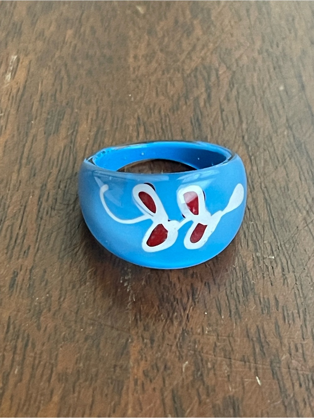Bright Blue Bubble Ring with White Vine & Red Leaf Accents